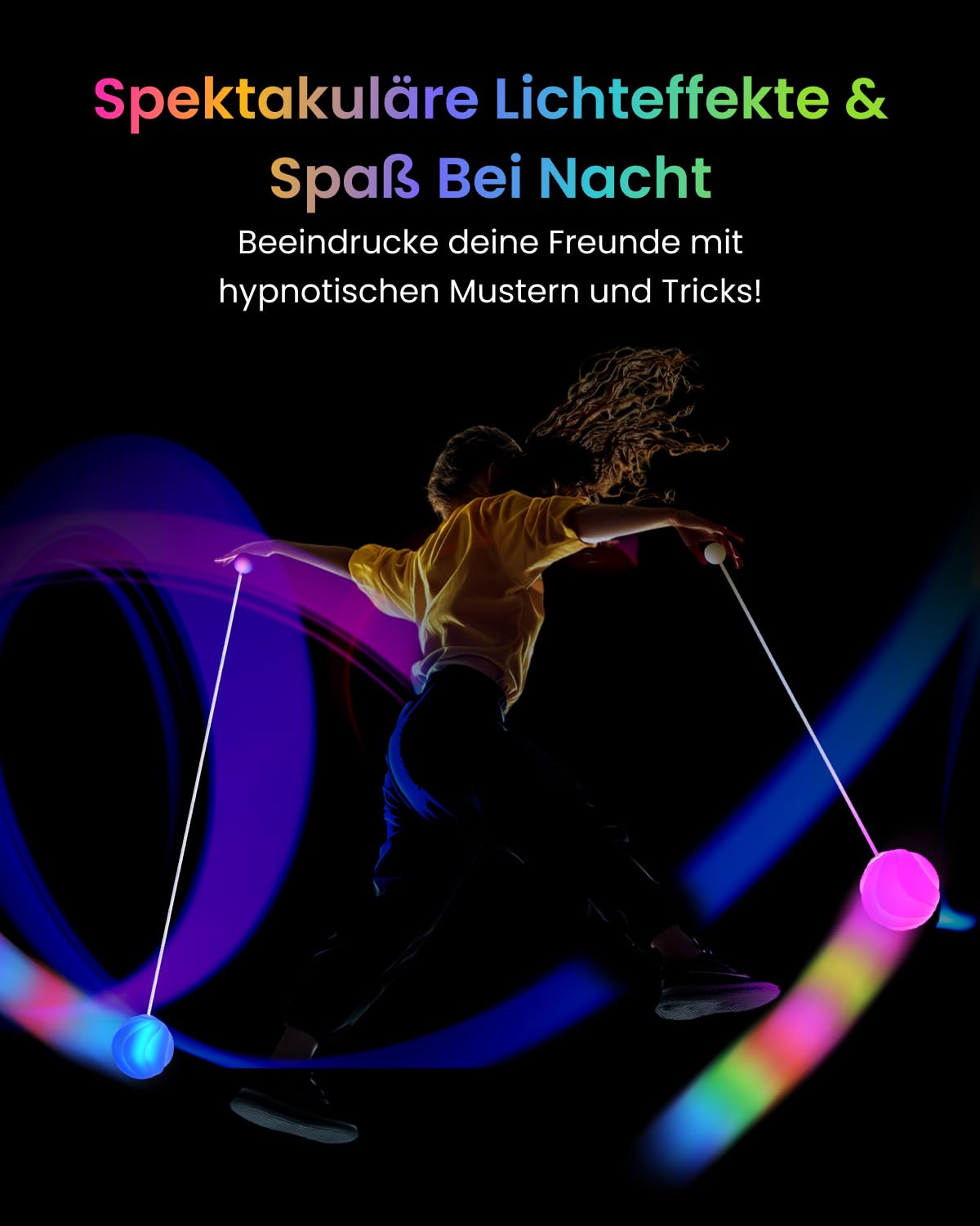 POILOVES Led-poiballen, 9 lichtmodi met regenboog- en ademlicht, lichtgevende jongleerballen voor kinderen en beginners, USB-oplaadbaar lichtspeelgoed voor nachtspelen en feestjes