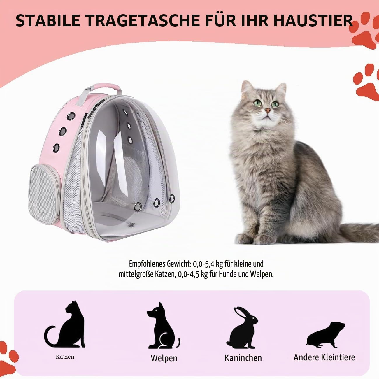 Erweiterbar Katzenrucksack Hunderucksack, Vorderrucksack für Katzen und Kleine Hunde, mit transparentem Fenster und Reißverschluss, für Reisen, Wandern (Rosa, Vorderseite Erweitern)