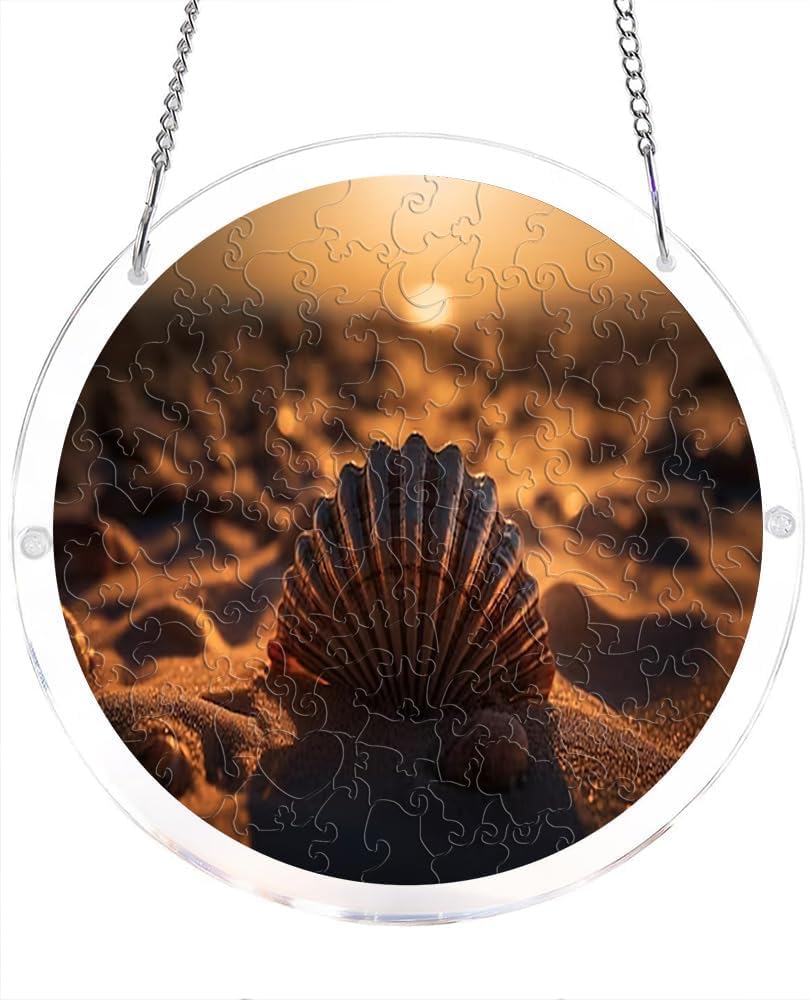 Seashell On Sandy Beach At Sunset Acrylic Jigsaw Puzzles Suncatcher, 8.2 Inch Window Hanging Suncatcher Acrylic Puzzle, DIY Home Decor Art Gift