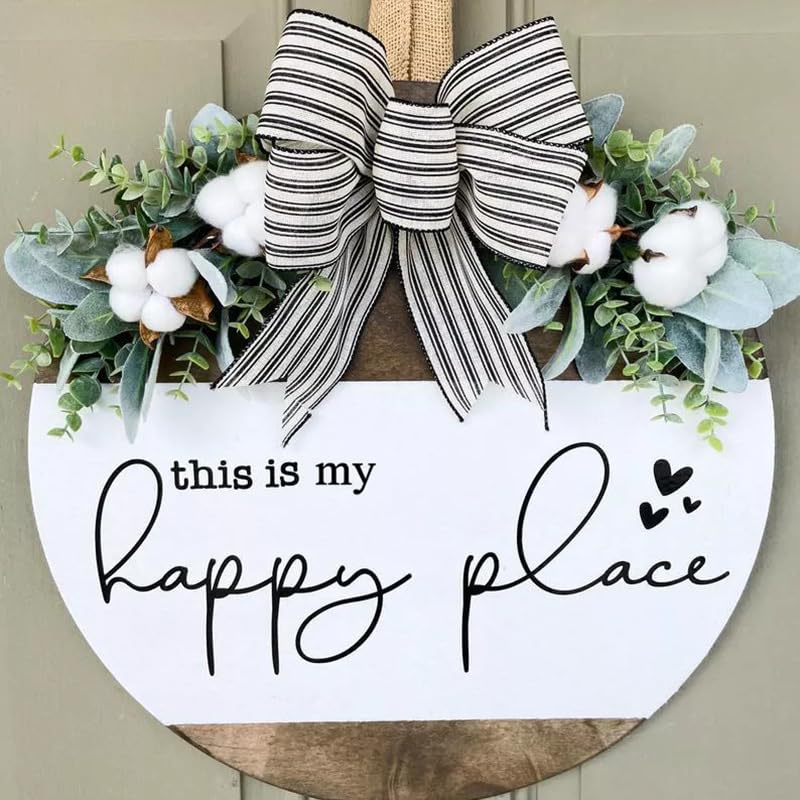 This is My Happy Place Sign Wreaths, Welcome Front Door Decoration Wall Hanging Signs, Holiday New Year Christmas Decoration Housewarming Gift for Home Outdoor Indoor, 12 inches
