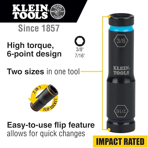 Miniatura 2 de Klein Tools 66077 - Llave de impacto para atornillador, tamaños de 7/16 y 3/8 pulgadas, uso con llaves de impacto compactas Klein Tools BAT20CW,