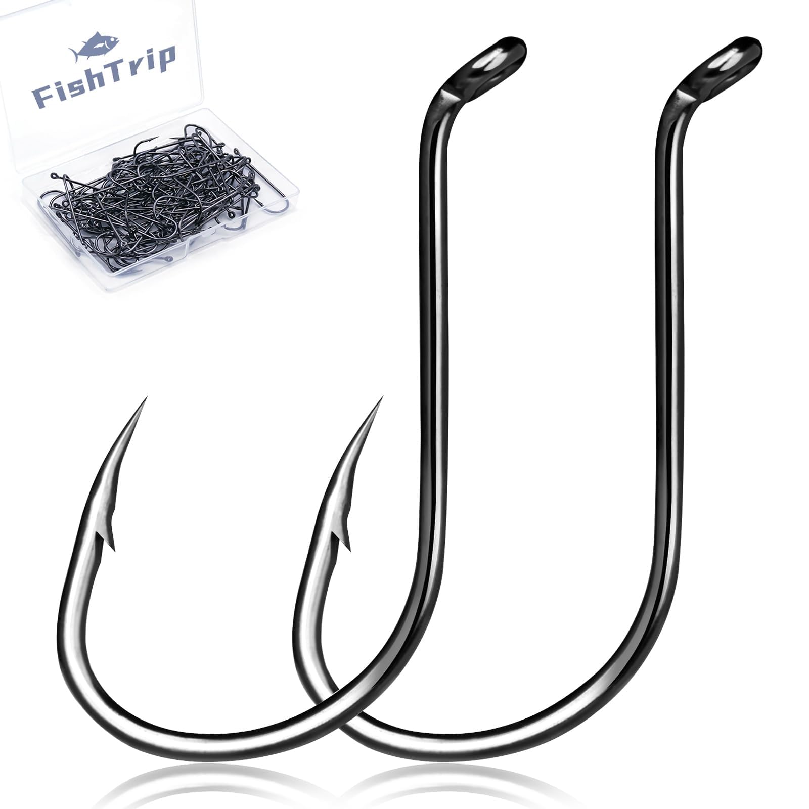 FishTrip Octopus Hooks Fishing Saltwater - 100pcs Offset Beak Fish Hooks/Closed Eye/Barded/Black for Fishing Rigs Bass Catfish 2/0