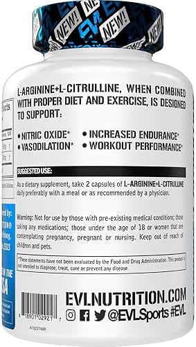 Miniatura 3 de Evlution Nutrition L-Arginina + L-Citrulina - Suplemento de resistencia + rendimiento de entrenamiento - Complejo de 1000 mg - Vasodilatación +