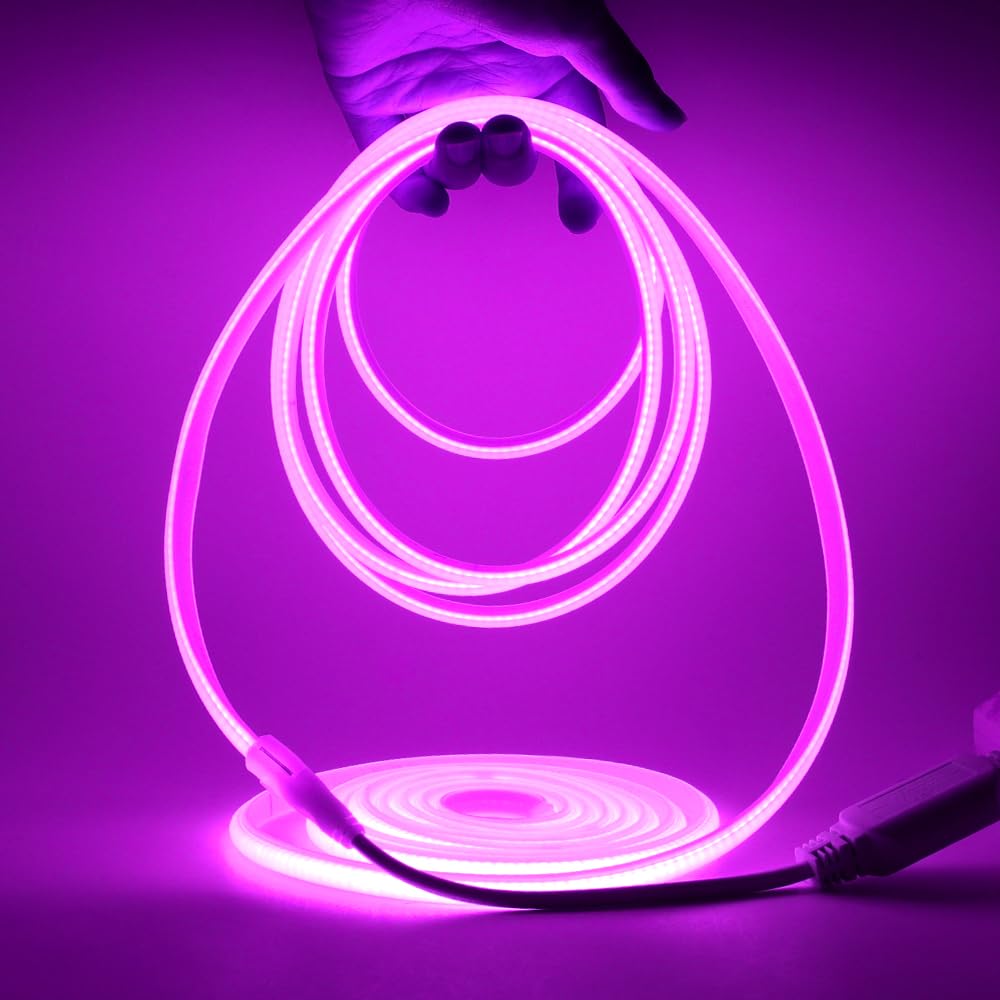HEGEHE Dimmable COB Neon Light Strip with 220V Dimmer Switch, Cut to 50cm, 288LED/m Flexible and Waterproof Silica Gel Rope Light(5m, Purple)