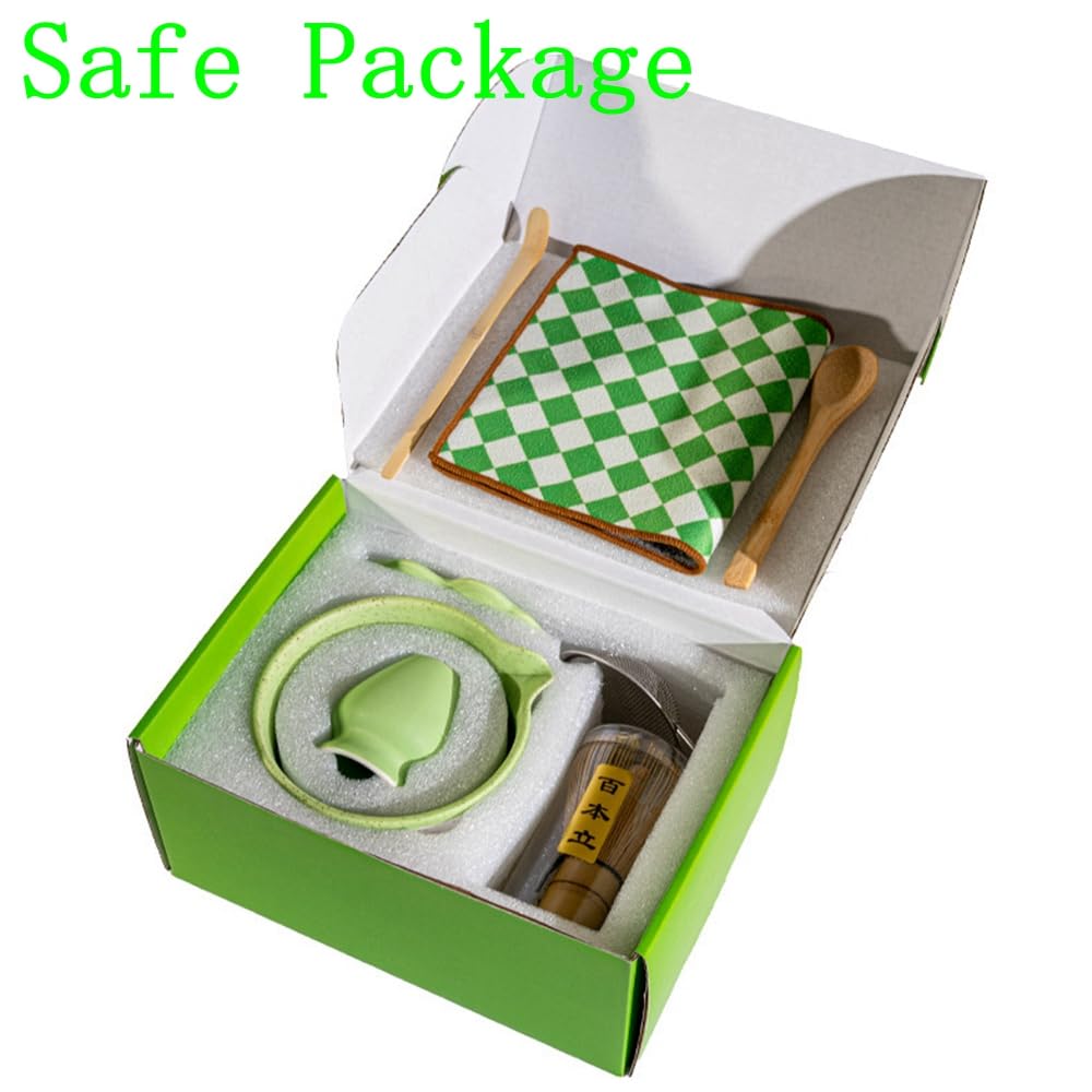 Juego de 8 batidores de matcha con caja de regalo de rejilla verde, juegos de kit de ceremonia de té tradicional japonés, juego de cuencos de cerámica esmaltada con patrón cuadrado para té verde