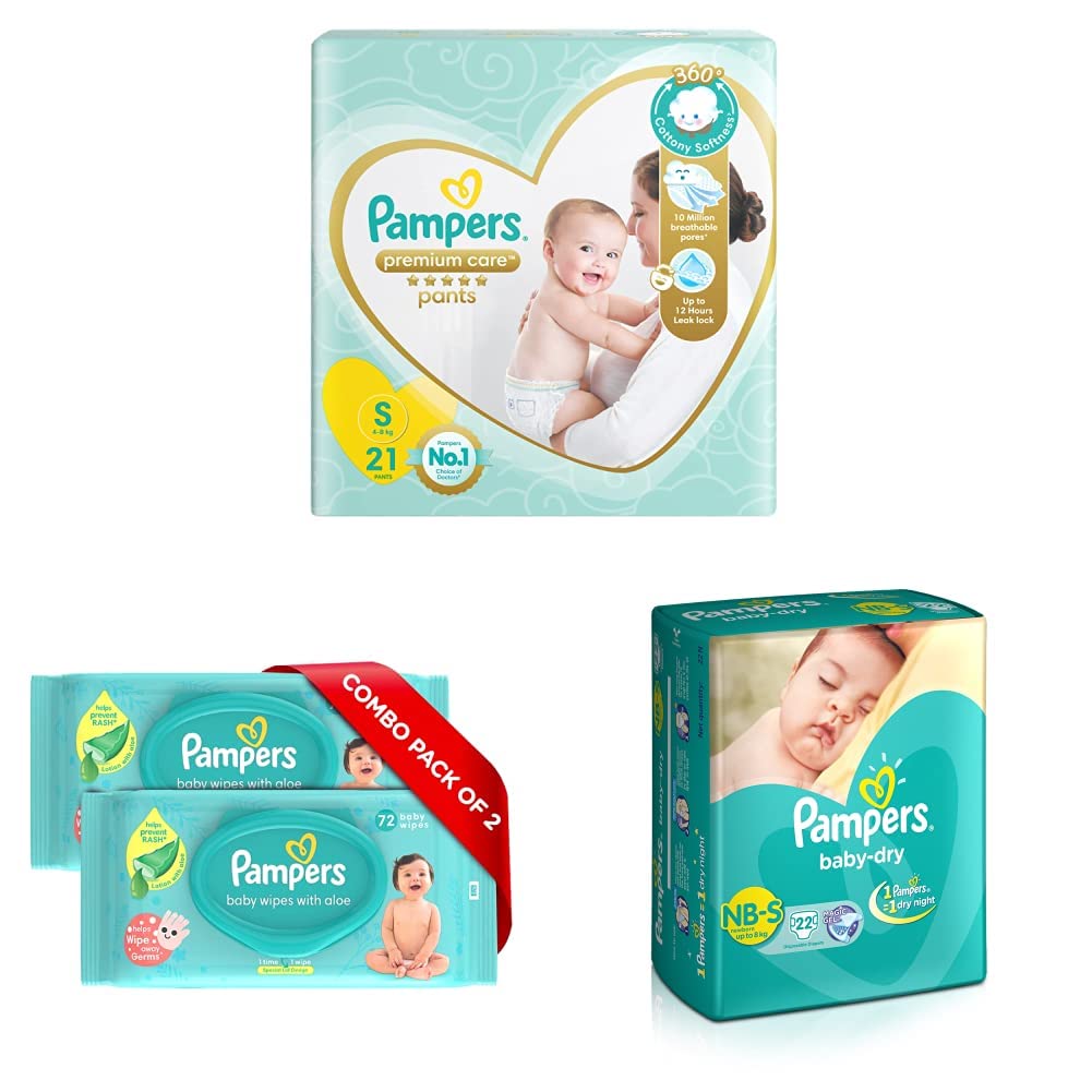 Pampers Premium Care Pants, baby diapers (SM), 21 Count, Softest ever Pampers pants & Pampers Baby Gentle Wet Wipes with Aloe Vera 144 Wipes & Pampers Taped Baby Diapers, Small (SM), 22 count