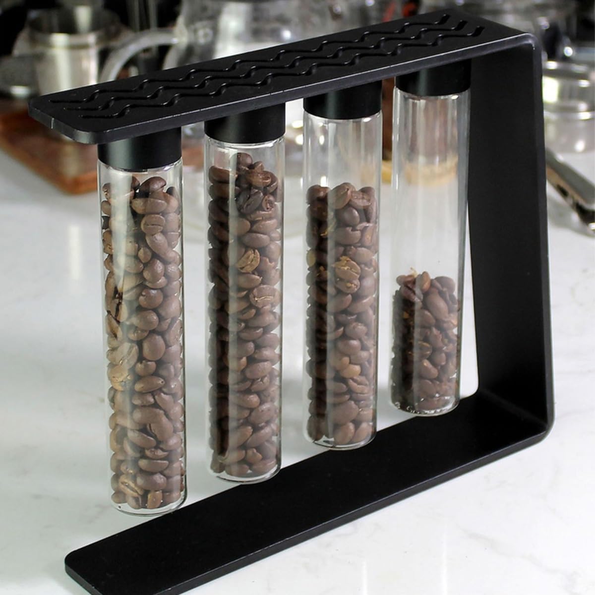 Kaffeebohnen-Aufbewahrungsröhren aus Glas mit magnetischen Deckeln, Metallständer, luftdichte Behälter für Frische, 45 g Kapazität für Kaffee oder Tee, 4 Stück