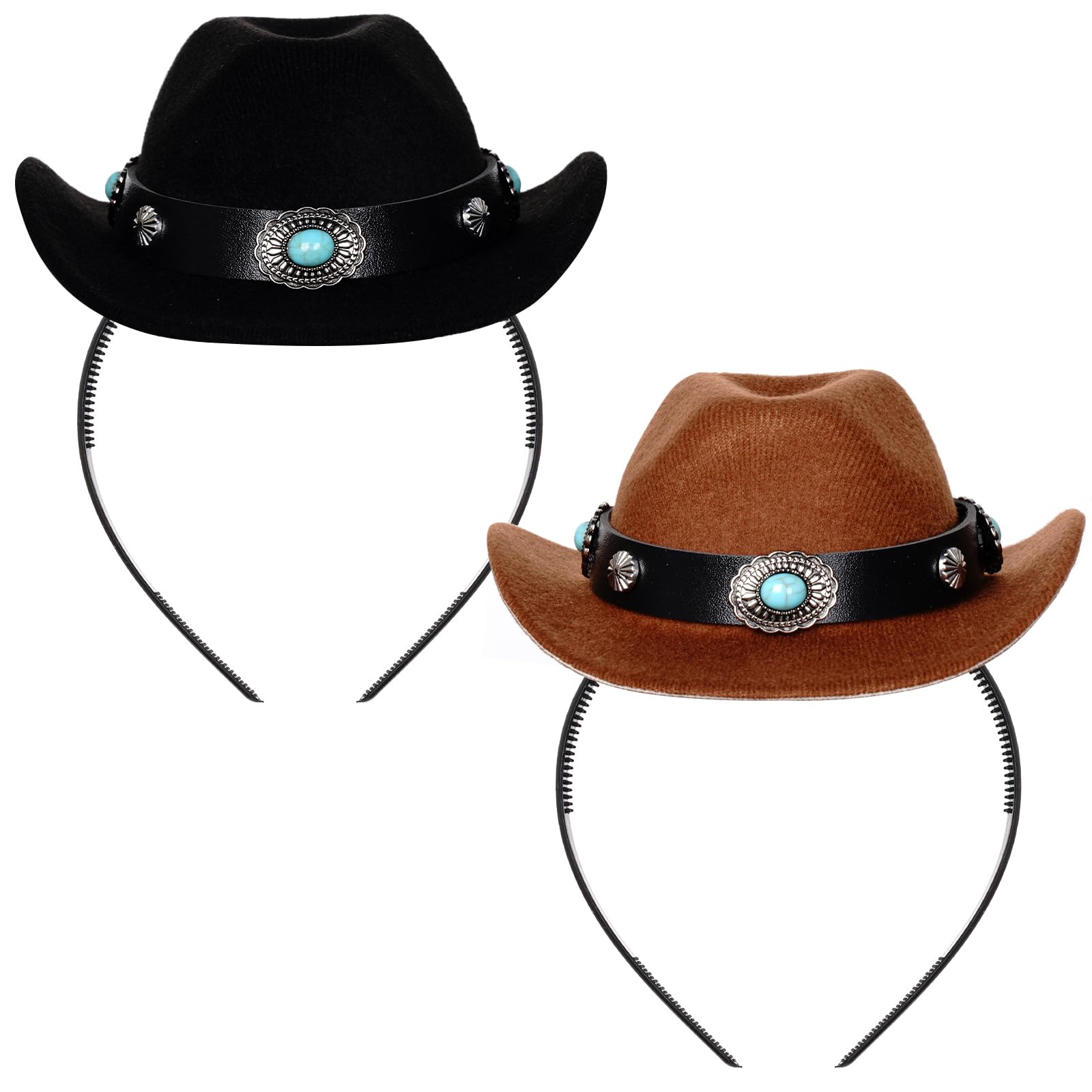Haakong Cowgirl Hat Headband Mini Cowboy Hat Headband for Women with Turquoise Bead Western Cowgirl Costume Accessories Halloween Cowboy (Retro Brown and Black)