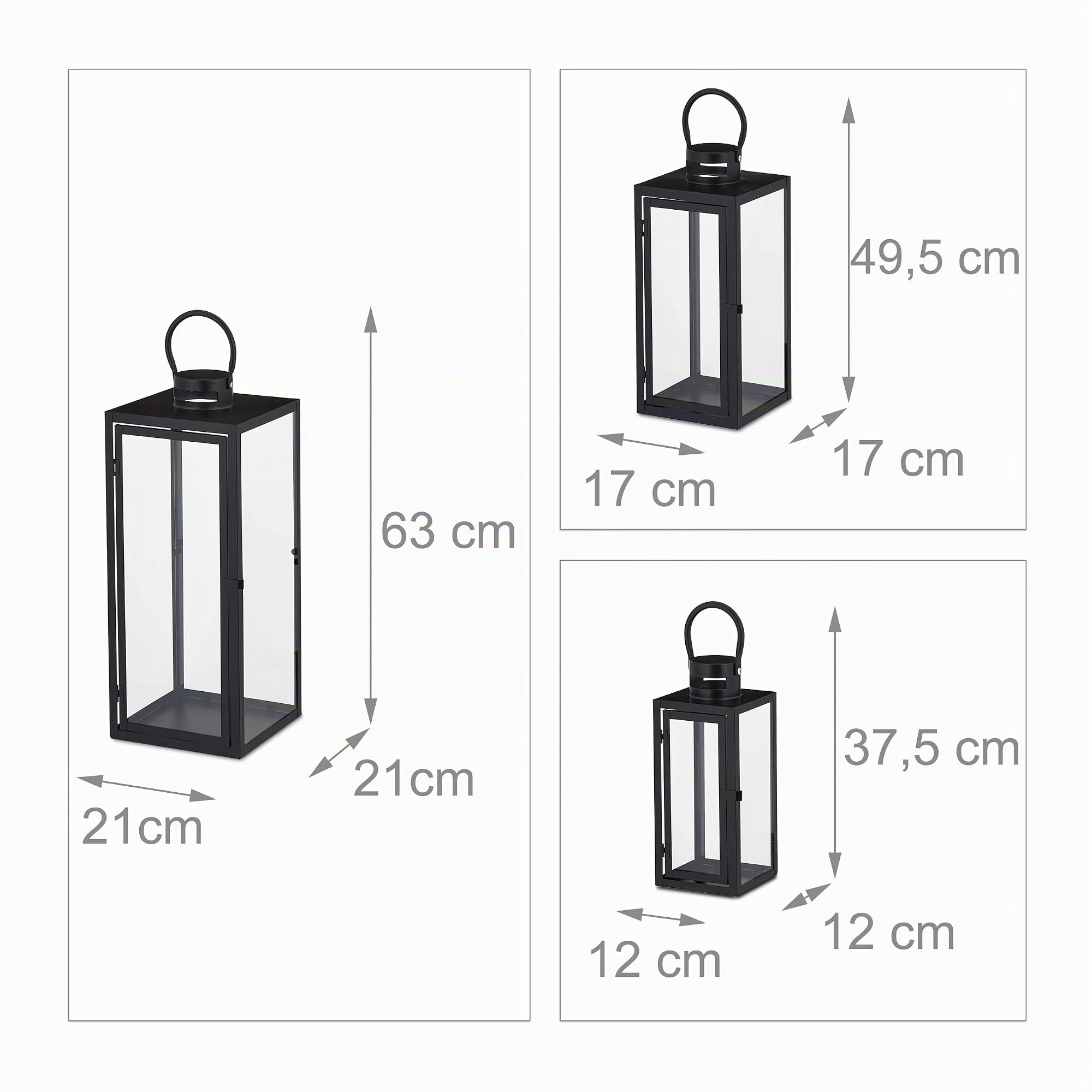 Relaxdays Set 3 Portavelas, Farol Decorativo para Interior y Exterior, 3 Tamaños, Metal, Cristal, Farolillo Vela, Negro