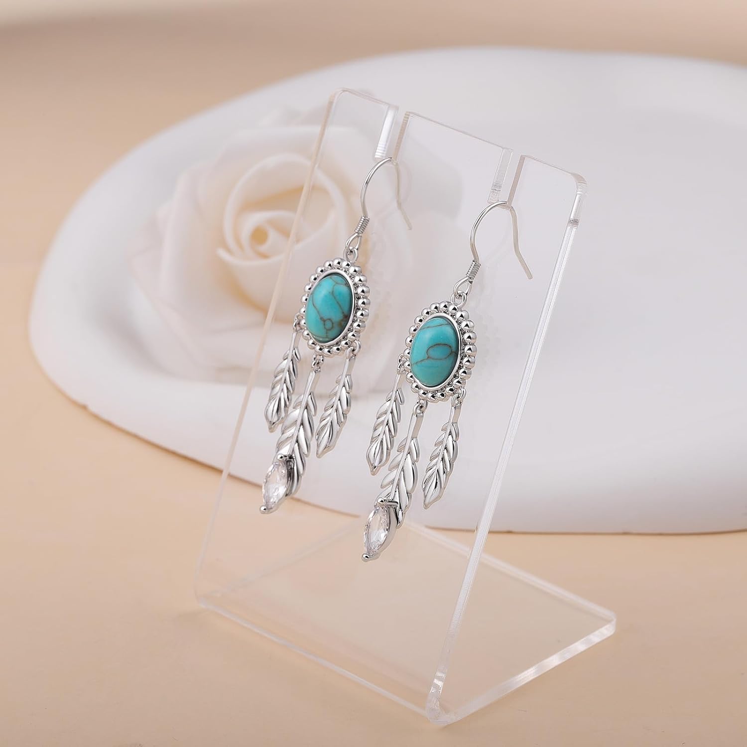 Turquoise Feather Earrings for Women - Silver Western Turquoise Earrings Vintage Native American Dangle Drop Jewelry Gifts Boho Feather Earring for Cowgirl - Image 3