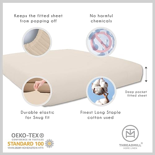 Miniatura 5 de Threadmill Juego de sábanas 100% algodón para bolsillo profundo, suave, resistente a la decoloración, 500 hilos, juego de sábanas de 4 piezas de