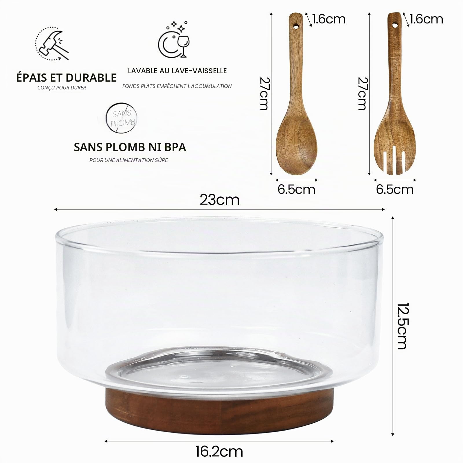 Saladier en Verre avec 2 Pince à Salade en Bois, Grand Saladier de 3,7 L Saladiers en Verre avec Base en Bois, Plat de Service Transparent Polyvalent Bol en Verre pour Salade Fruits Pâtes