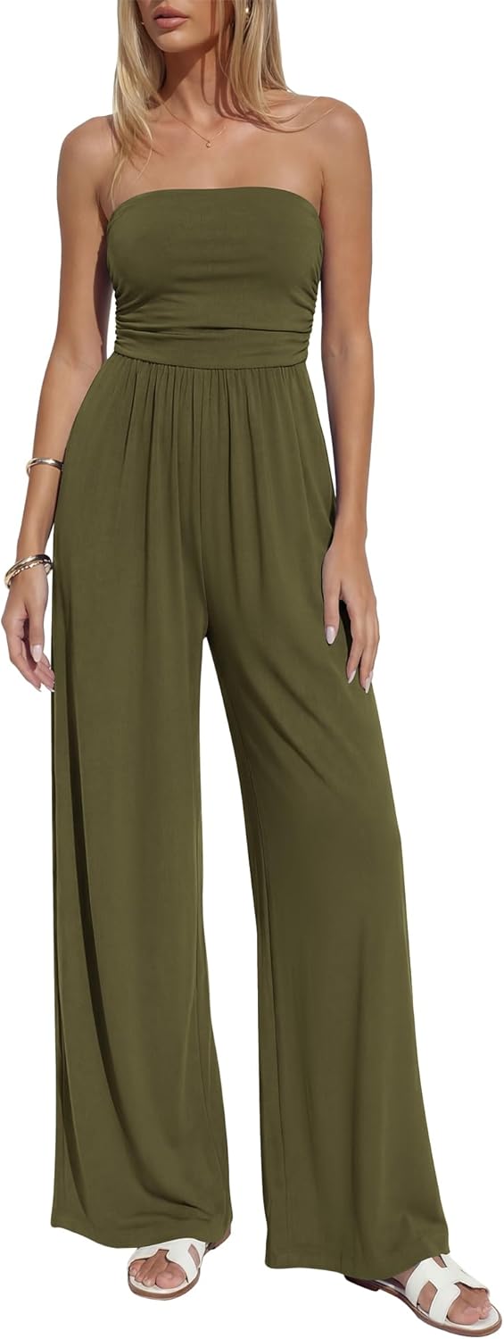 BTFBM Jumpsuits For Women Summer 2026 Beach Vacation Strapless Tube Top Jumpsuit Ruched Casual Wide Leg Pant Rompers