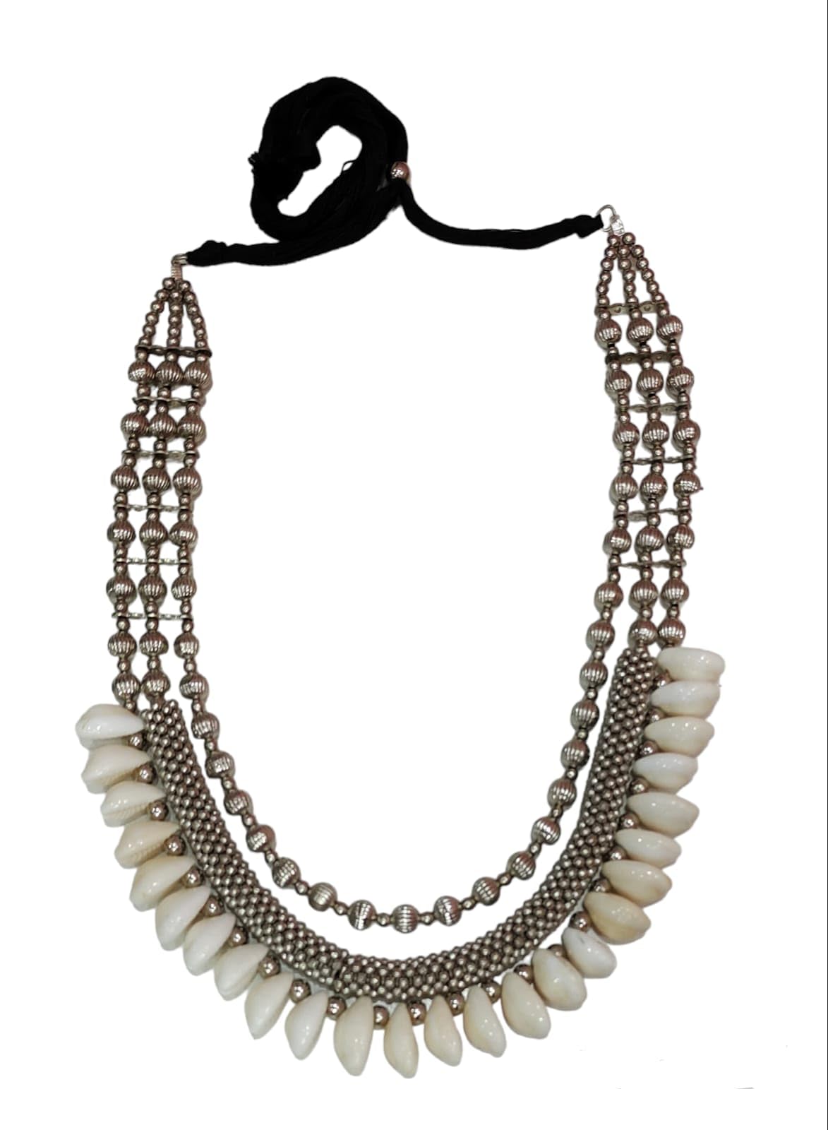 Women stylish Fusion and traditional three layer necklace with shell in silver oxidised/replica || Pack of 1 ||
