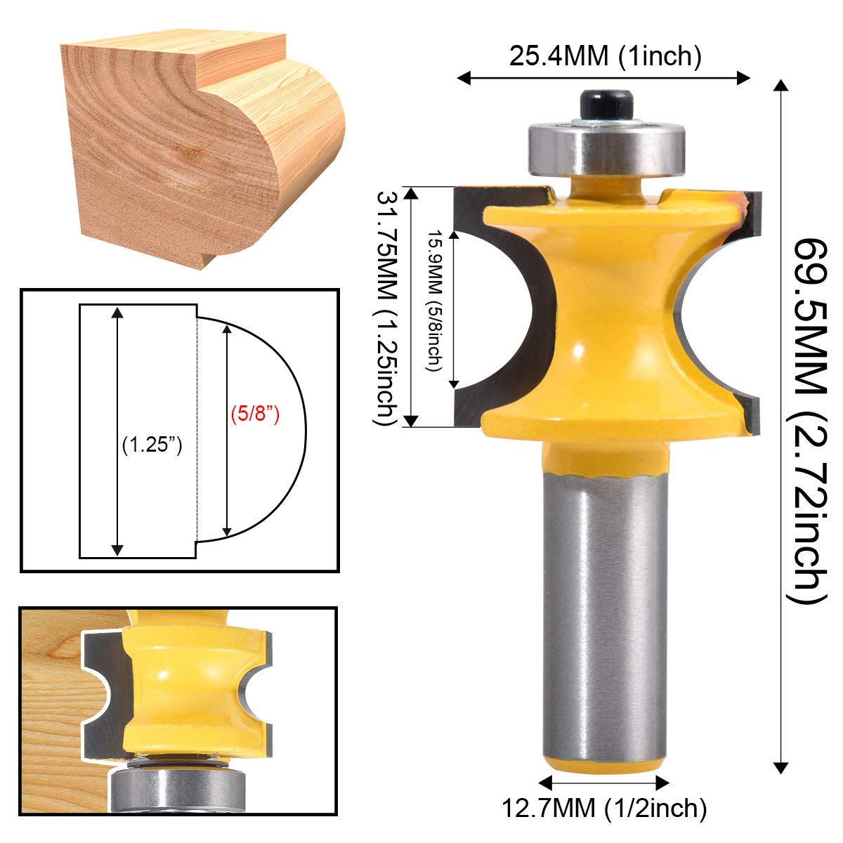 HOHXEN Bullnose Router Bit Set with C3 Carbide Tipped 1/2-Inch Shank