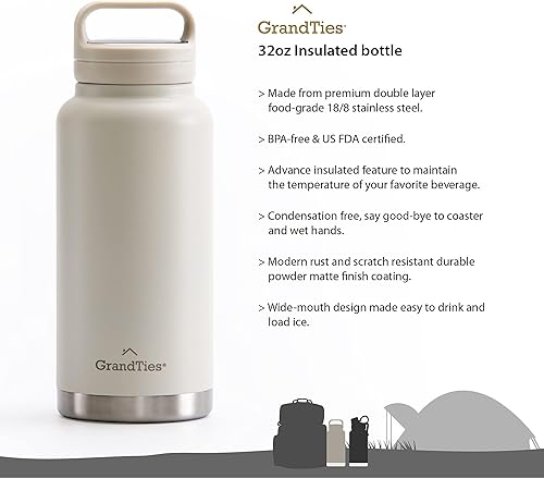 Miniatura 8 de GrandTies 2 Lids Sports Stainless Steel Water Bottles  Wide Mouth Vacuum Insulated Reusable Leak Proof BPA-Free Travel Metal Canteen, Thermos