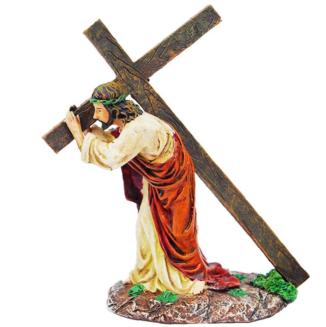 Tossper Multi-Color Jesus Carrying Cross Statue Resin Ornaments Religious Catholic Figurines Christ Home Table Decoration