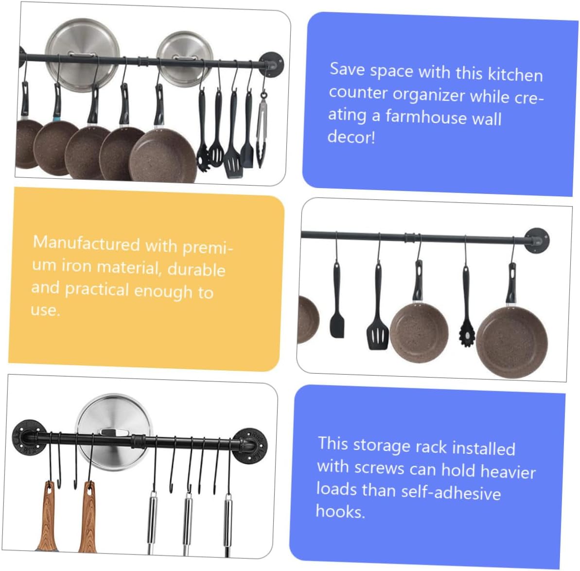 TOYANDONA Iron Wall Mounted Pot Rack with Hooks, 13x60cm Kitchen Hanging Pot and Lid Organizer, Steel Pipe Storage Rail for Kitchen Utensils and Cookware