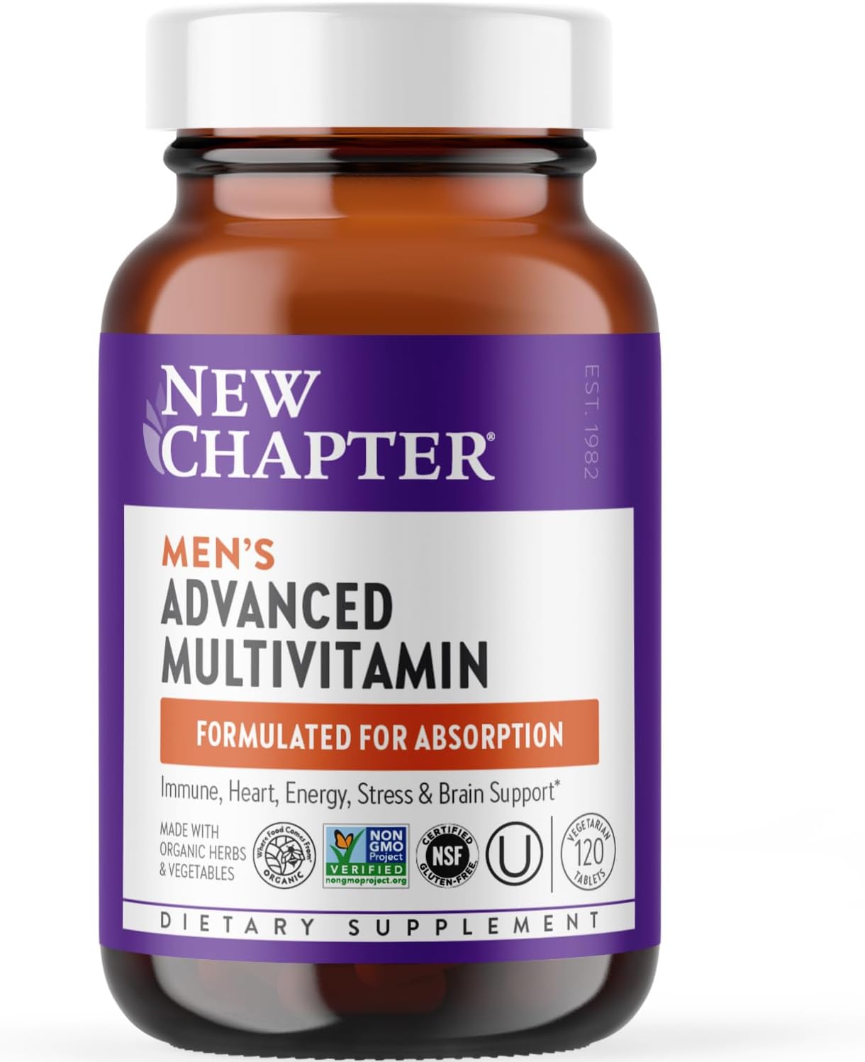 Men's Multivitamin Advanced Formula for Stress, Brain, Immune, Heart & Energy Support, Higher Levels of Whole-Food Fermented Essential Nutrients for Men + Selenium + B Vitamins, 120 ct