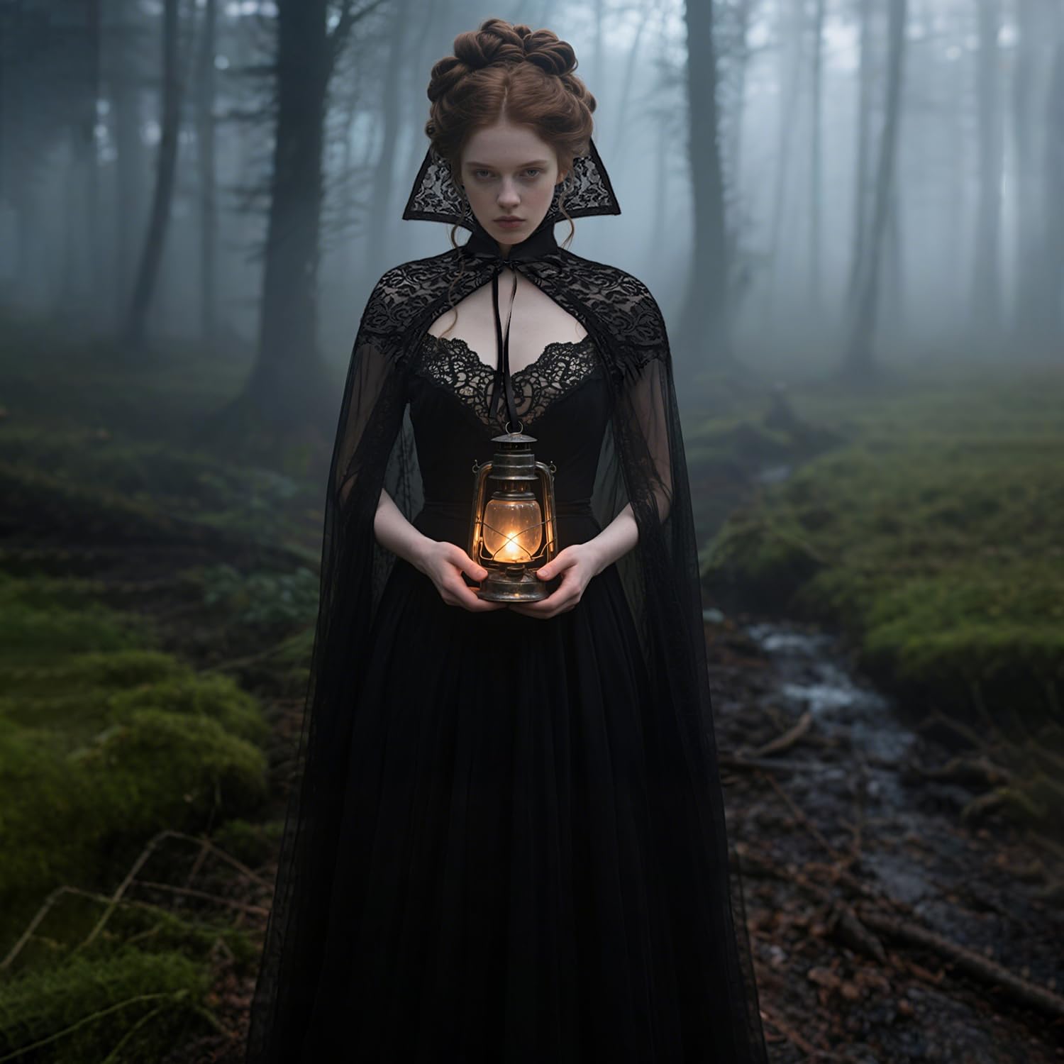 keland Gothic Langer Tüll Vampirumhang mit Stehkragen Spitze für Damen (Schwarz)