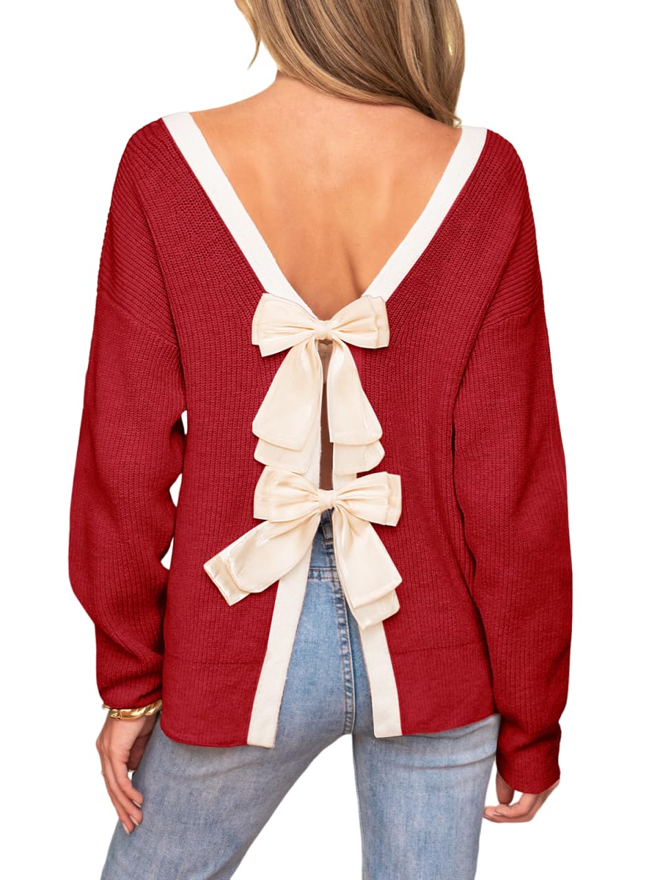 CUPSHE Womens Fall Pullover Top Bow Ribbed Knit Crew Neck Long Sleeve Contrast Trim Sweater