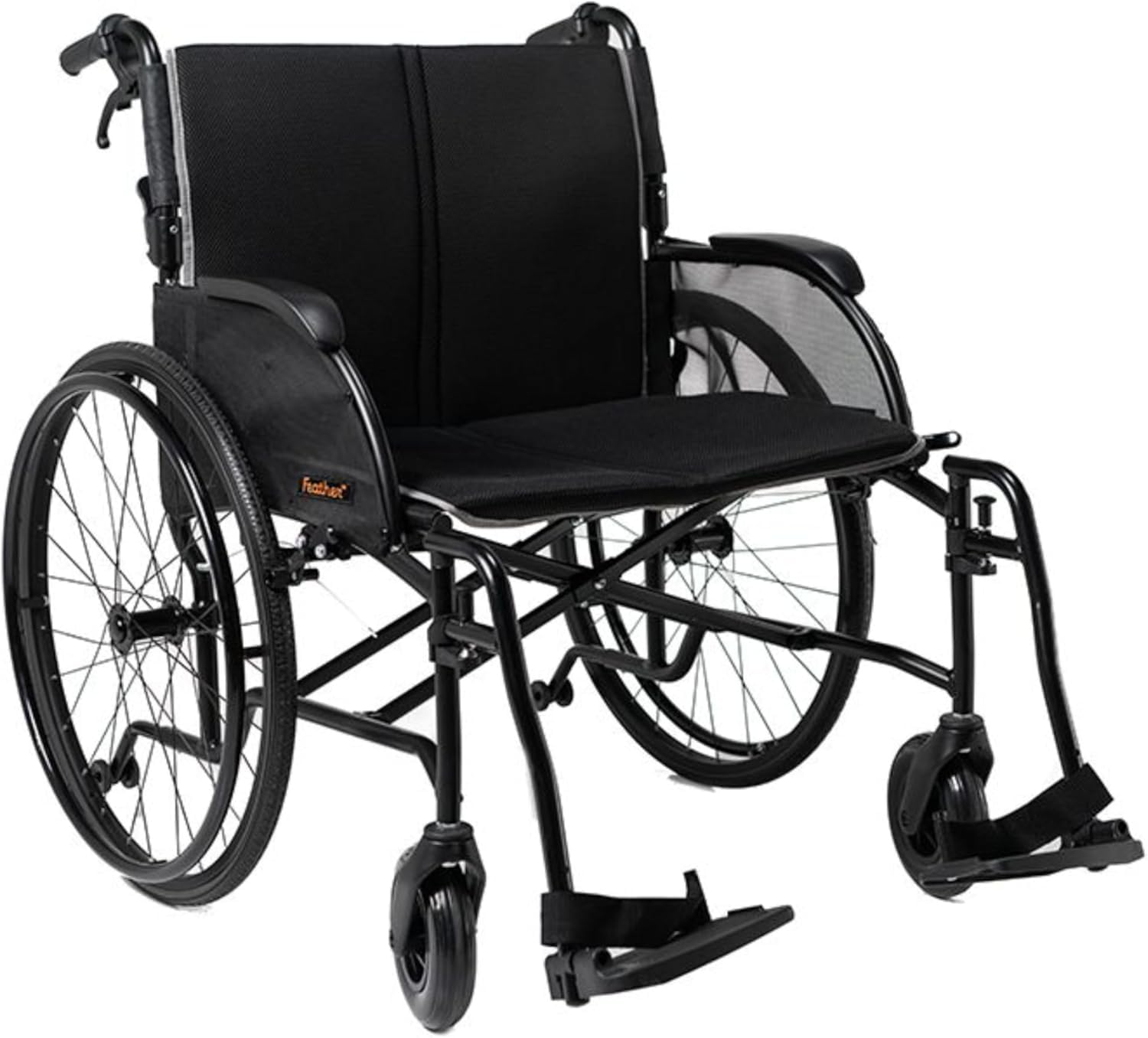 FeatherMobility - Black Lightweight HD Wheelchair - 16 lbs Frame, Extra Wide 24" Seat - with Swingaway Legrests, Anti-tippers, and Quick Release