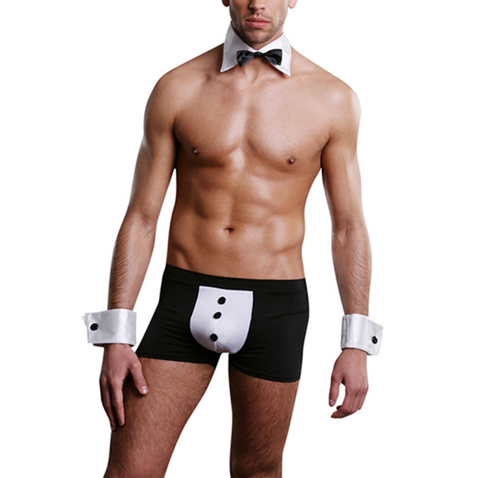 Ensemble de serveur sexy pour homme - Ensemble de sous-vêtements - Gilet avec nœud - Filet - Boxer - Clubwear - Cosplay - Lingerie de barman - Rayures - GoGo - Clubwear - Noir