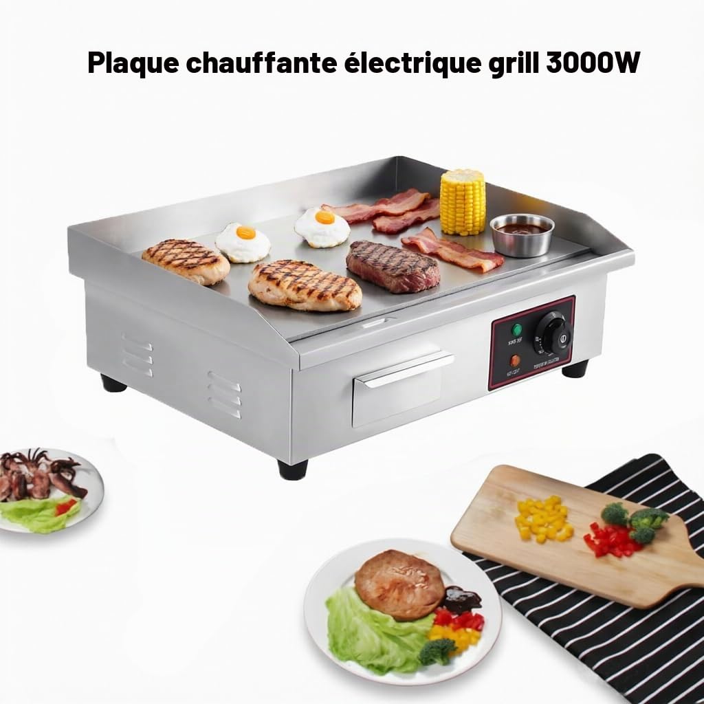 Plancha Électrique Professionnelle 3KW, Gril de Table Multifonction, Barbecue Intérieur en Acier Inoxydable & Fonte 8mm pour Cuisine, Restaurant et Café - 55x35cm