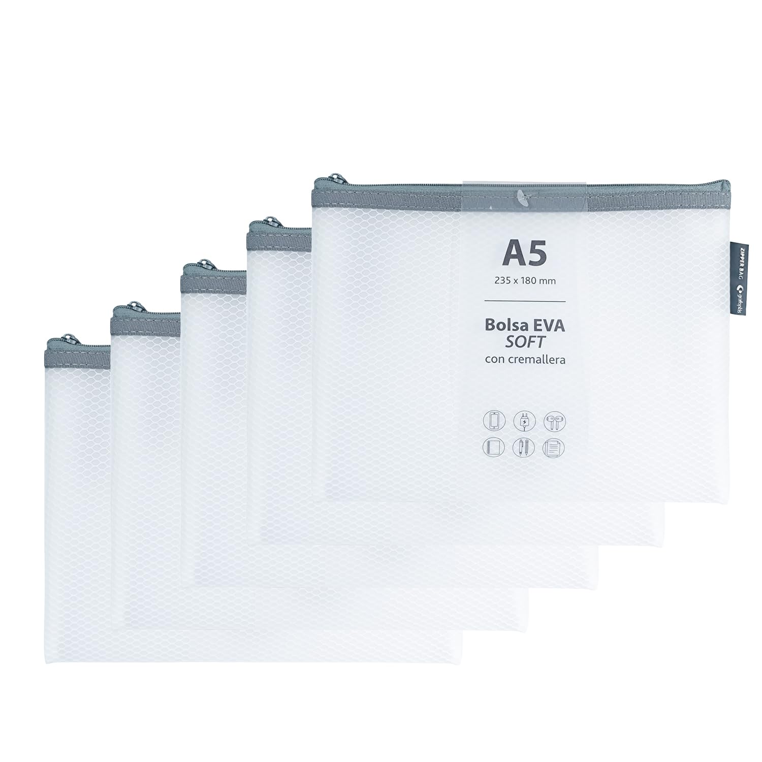 Grafoplas Pack of 5 Bags with Zip EVA Soft a5 | White | Soft Touch | Zipper Bags Made with Transparent EVA Rubber | Ideal for Transporting and Protecting All Types of Items and Documents