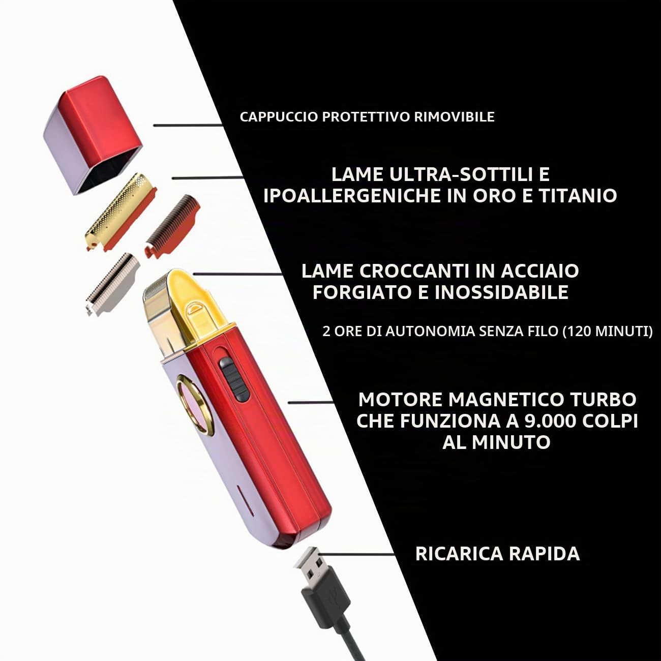 Rasoio Elettrico Barba e Capelli Stylecraft Uno by Gamma Più, Rasoio Barba Elettrico Uomo Senza Fili, Autonomia 2 Ore, Rasoio da Viaggio Compatto e Portatile, Ergonomico, 9.000 RPM (Rosso)
