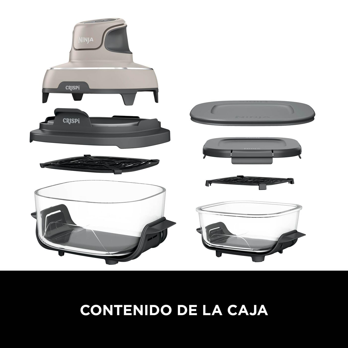 Ninja CRISPi Freidora de Aire portátil, 3,8 l, 4 en 1, freír con Aire, Asar, Mantener Caliente y gratinar, compacta, Incluye 2 recipientes de Vidrio extraíbles y Tapas, 1700 W, Piedra, FN101EUST