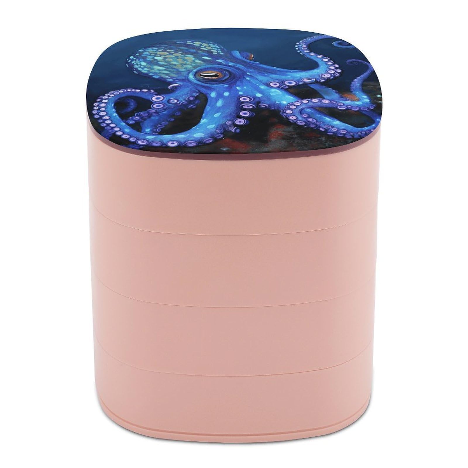 VstaDank Blue Octopus Jewelry Organizer Small Travel Earring Storage Box with Mirror 4-Layer Rotating Travel Jewelry Tray Case with Lid Large Capacity Jewellery Holder Case