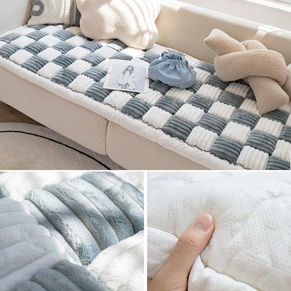 Fluffy Cream-Coloured Fuzzy Plaid Couch Cover for Pets - Large Square Pet Mat Bed & Sofa Pad - Blue, 27.6 * 59in