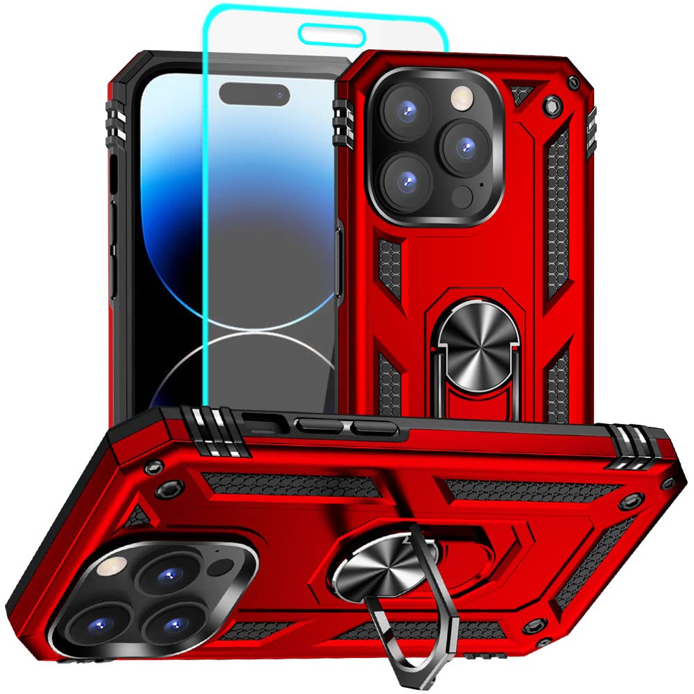 Aozuoton for iPhone 14 Pro Hülle Metallring Handyhülle & Schutzfolie, Hybrid Case Ständer Stoßstange Handy Hüllen Cover für iPhone 14 Pro,Rot
