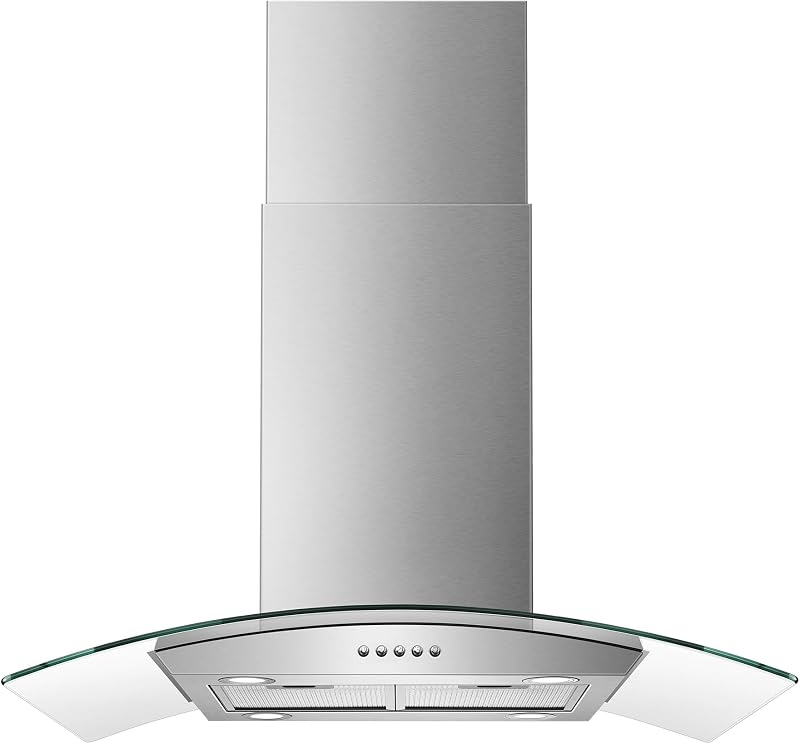 Campana extractora tipo isla de 36 pulgadas, 700 CFM, campana de montaje en techo, campana extractora de estufa de acero inoxidable con vidrio templado, controles de botón, filtros de malla