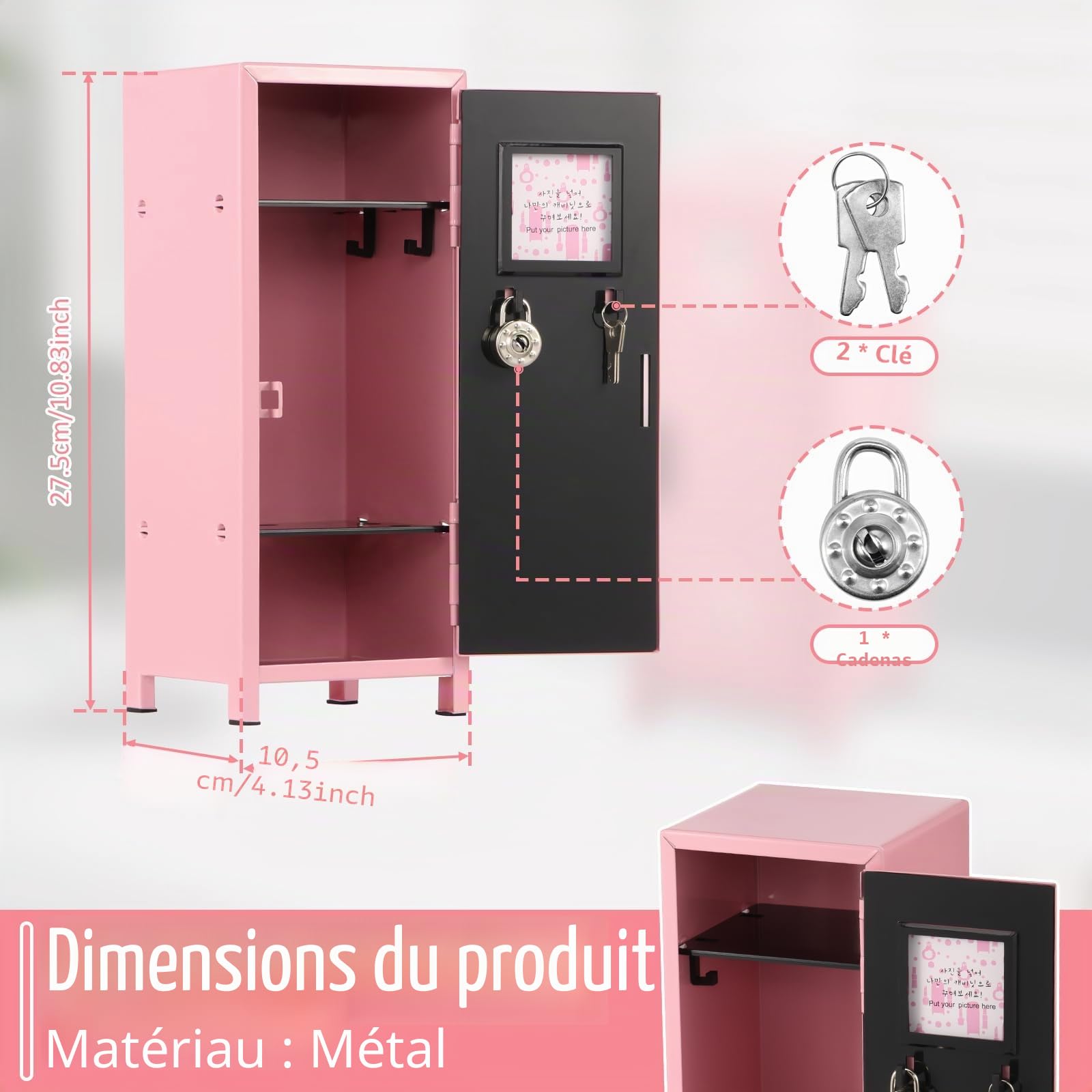 Mini casier avec serrure et clé, 27,5 x 10,5 x 10,5 cm, en métal antirouille, petit casier, portable, avec compartiments, pour bureau, filles, garçons