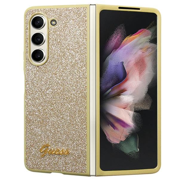 Guess GUHCZFD5HGGSHD F946 Coque pour Z Fold5 Coque Rigide dorée à Paillettes Script