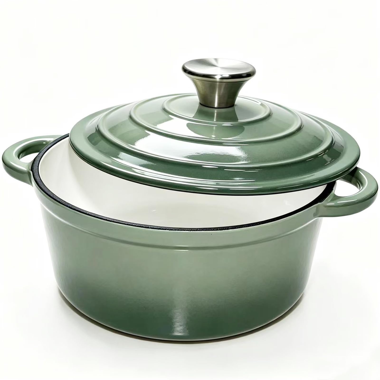 Olla de hierro fundido con tapa, 20 cm, horno holandés, 2 L, esmaltado, para hornear pan, olla de inducción y horno, redonda esmaltada para todo tipo de fuegos (verde oliva)