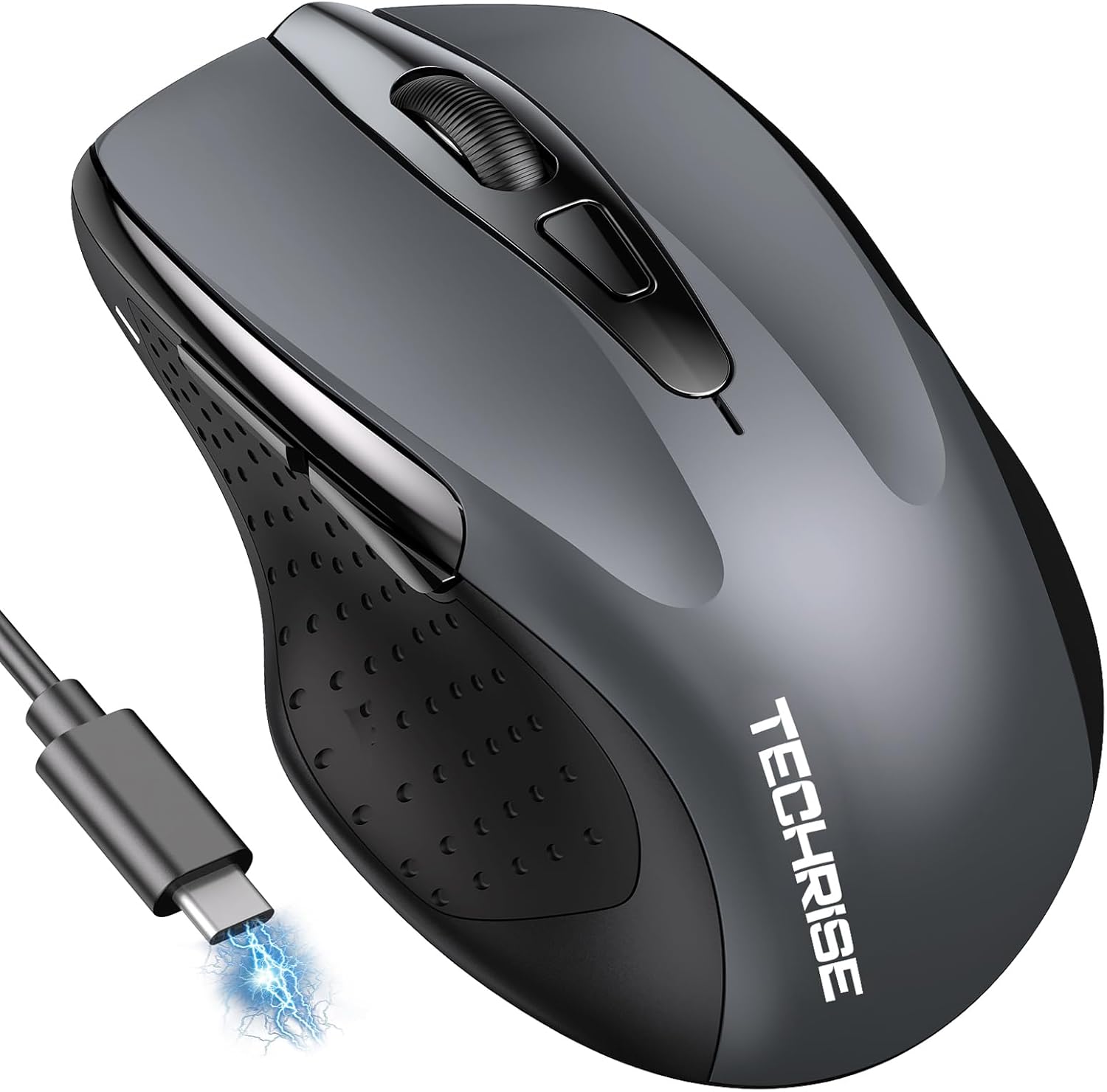 Bluetooth Mouse (BT5.0/3.0 & 2.4G) Rechargeable Wireless Mouse, 4800 DPI Optical Tracking, 6 Adjustable DPI, 2.4GHz with USB A Receiver, Quiet Clicks, Ergonomic Grips, 6 Buttons - Grey