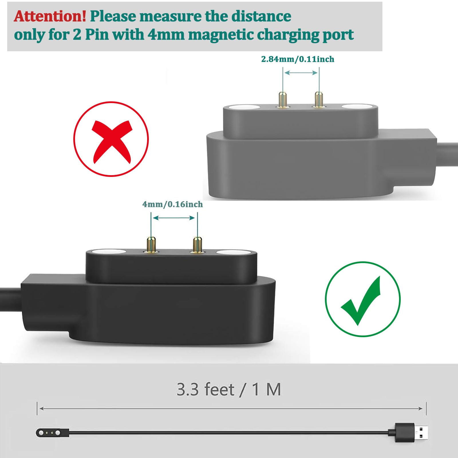 Uniwersalna ładowarka do smartwatcha 4 mm, akcesoria do smartwatcha USB 2-pinowy kabel ładowarka magnetyczna kompatybilna z odstępem między stykami 3,8 mm - 4,2 mm (USB)