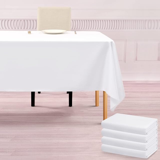 Teruntrue 4 Packs White Table Cloth Rectangular Tablecloth 60 x 102 inch Polyester Fabric Table Cloth Washable Table Cover for Wedding Party Banquets Decor.