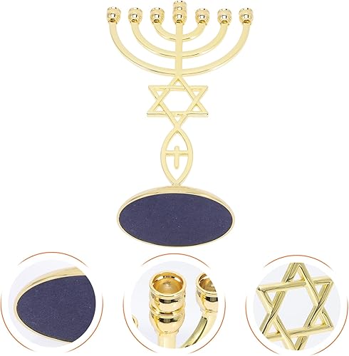 Miniatura 9 de Candelabro, soporte para velas de menorá de Hanukkah, 7 ramas, centro de mesa de menorá, cono dorado, decoración para fiestas de vacaciones de