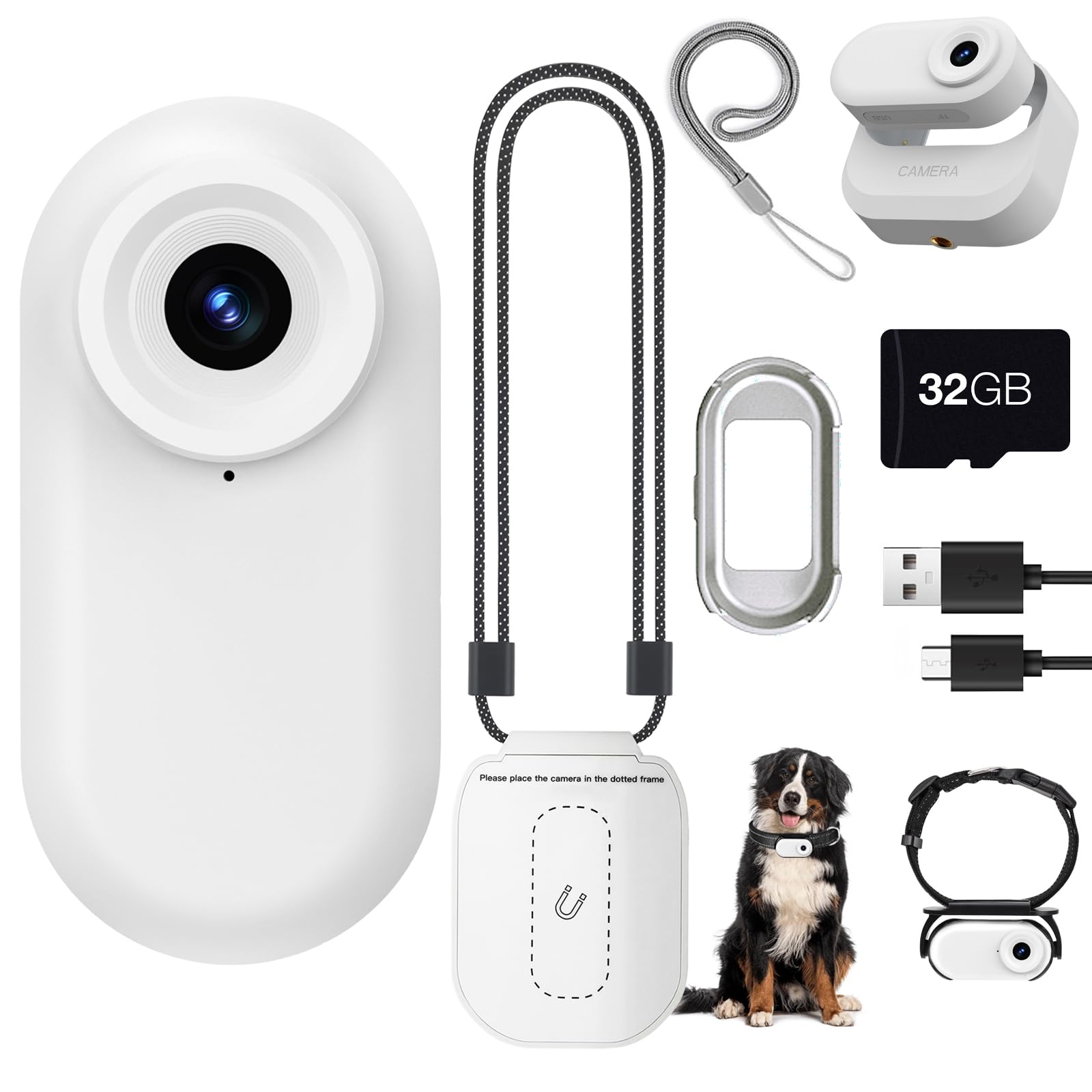 ydi Tragbar 1,47'' Bildschirm Daumen Mini 1080P Körper/Sport/Haustiere Kamera, Doppelter Akku mit Magnetischem Ladefach, Hundehalsband, 32G Karte (Weiß)