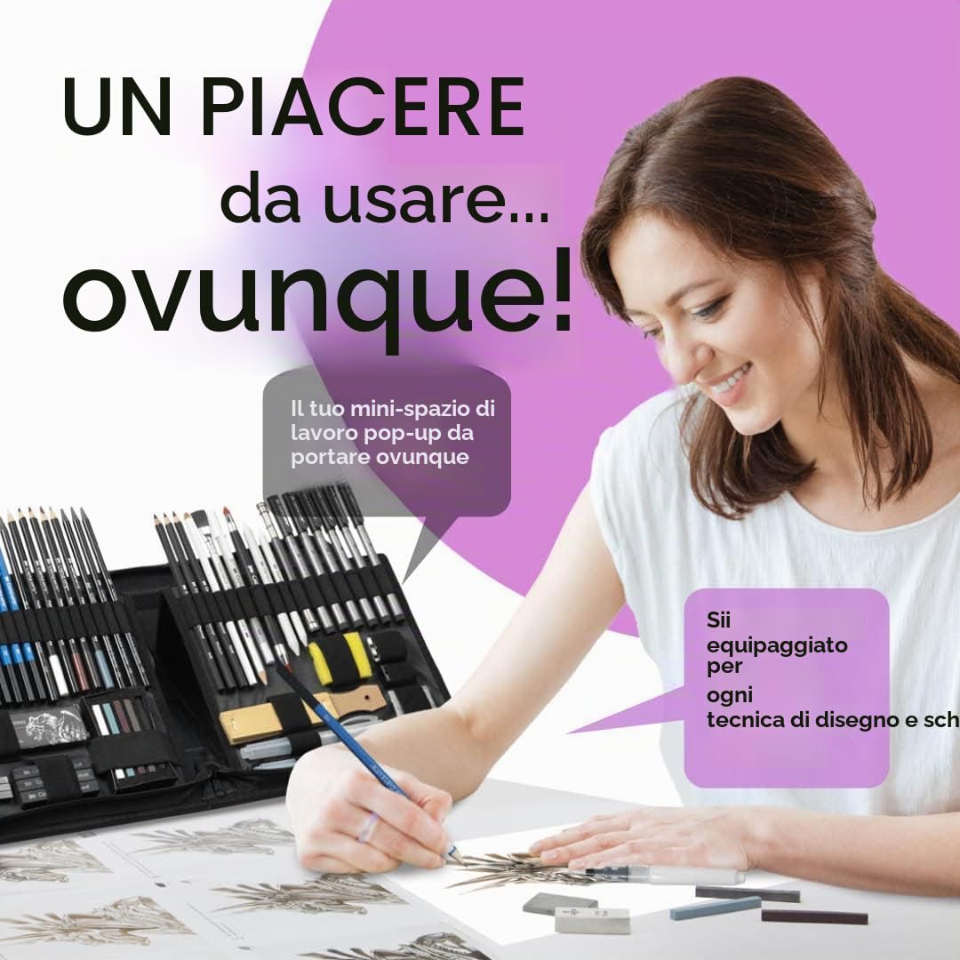 Castle Art Supplies Set da 60 pezzi di disegno e disegno | Grafite, matite solubili in acqua + bastoncini, fineliners | per artisti professionisti e adulti | in custodia con zip