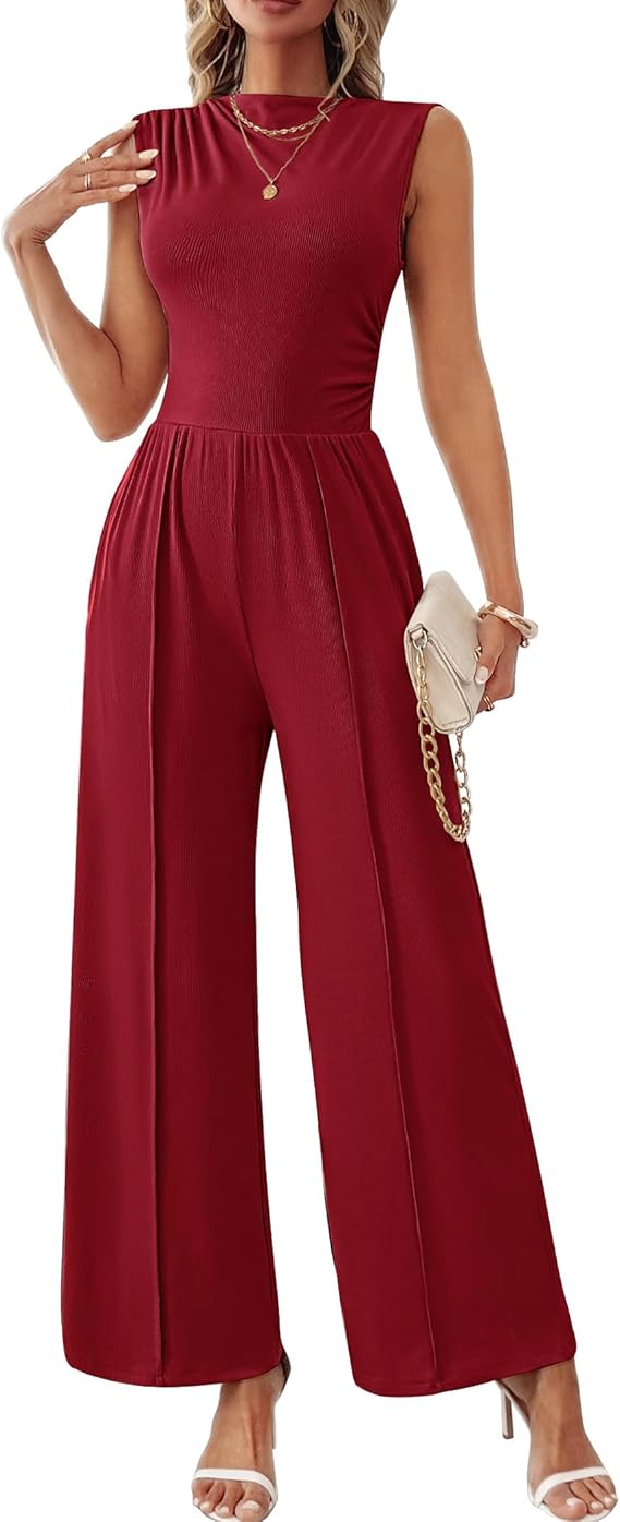 LOOKBOHO Womens Jumpsuits Dressy Casual Summer Sleeveless Mock Neck Wide Leg Pants Rompers with Pockets One Piece Outfits