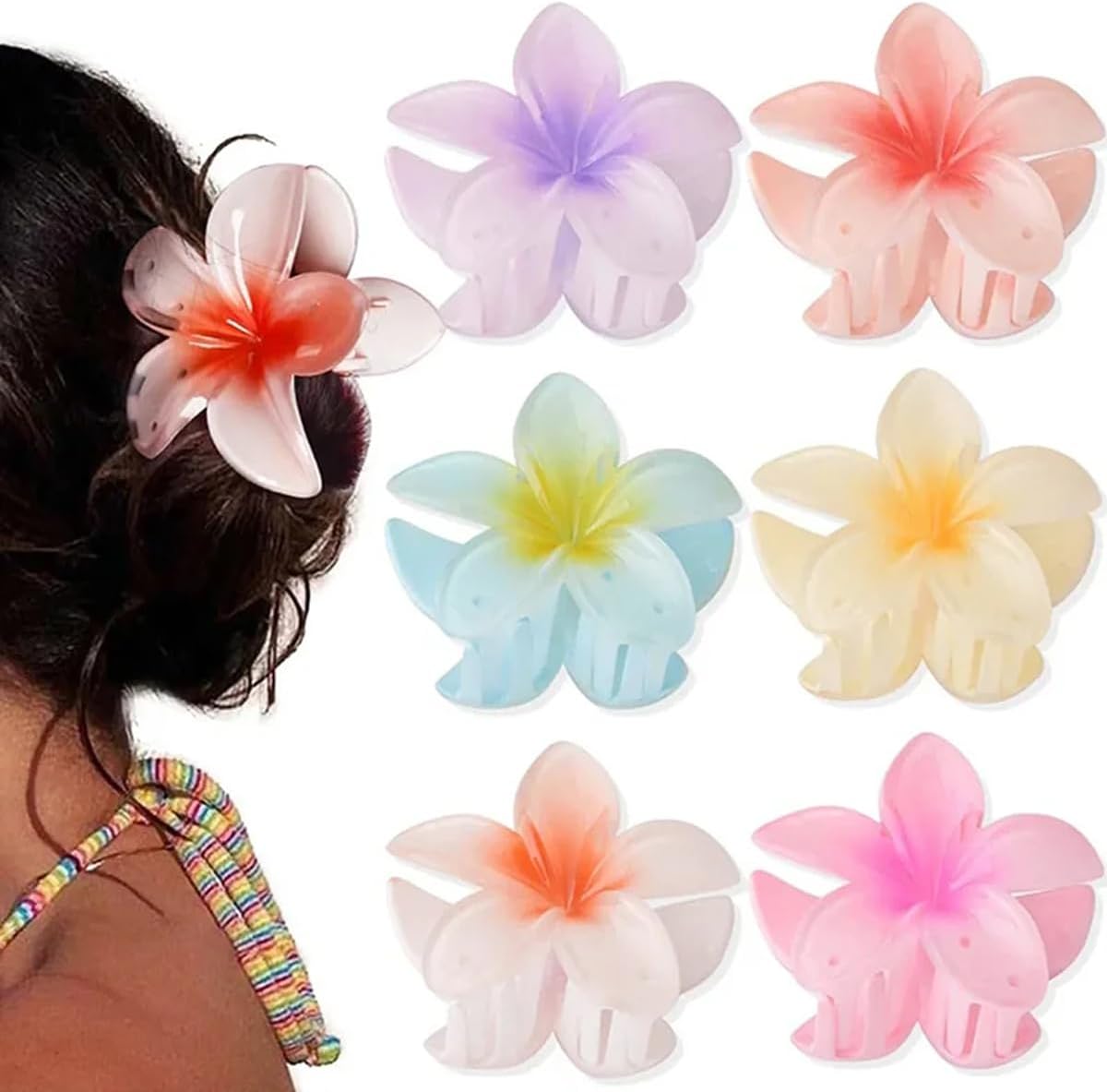 Oasisgalore 6Pack Plumeria Flower Hair Clips for Women – Gradient Big Flower Acrylic Hair Clip Sweet Hairpins Hair Clips Crab Clamps Barrettes Hawaiian Non-Slip Fashion Beach Hair Accessories