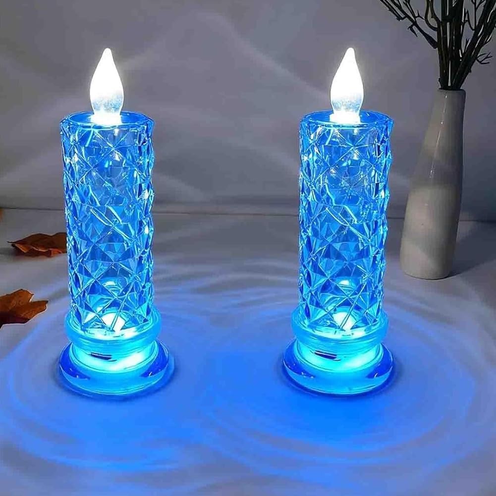 LexTex Set of 4 LED Crystal Candle Lights, Flameless LED Candles, Rose Shadow LEDs Flameless Candles, Romantic Flameles Pillar Candle for Christmas Wedding Table Decorations(Blue,2PCS)