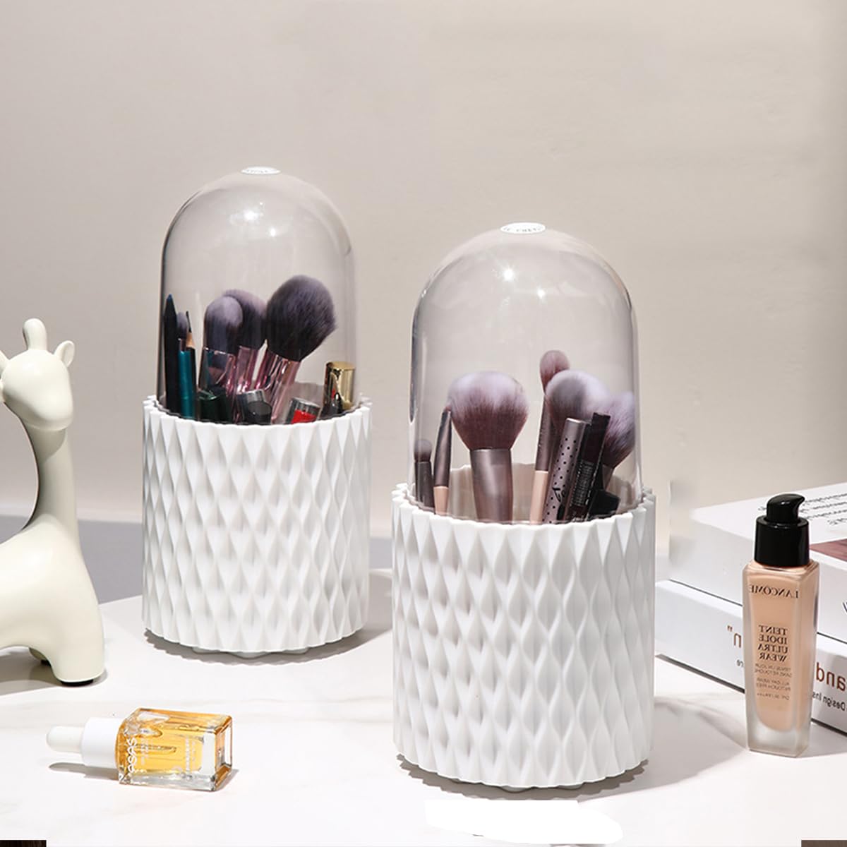 2 Pack Makeup Brush Holder, 360-Degree Rotating Makeup Brush Organizer with Clear Acrylic Lid, Dustproof Waterproof 5 Slot White Pencil Storage Cup for Desktop Countertop Vanity, March 8 Women's Day