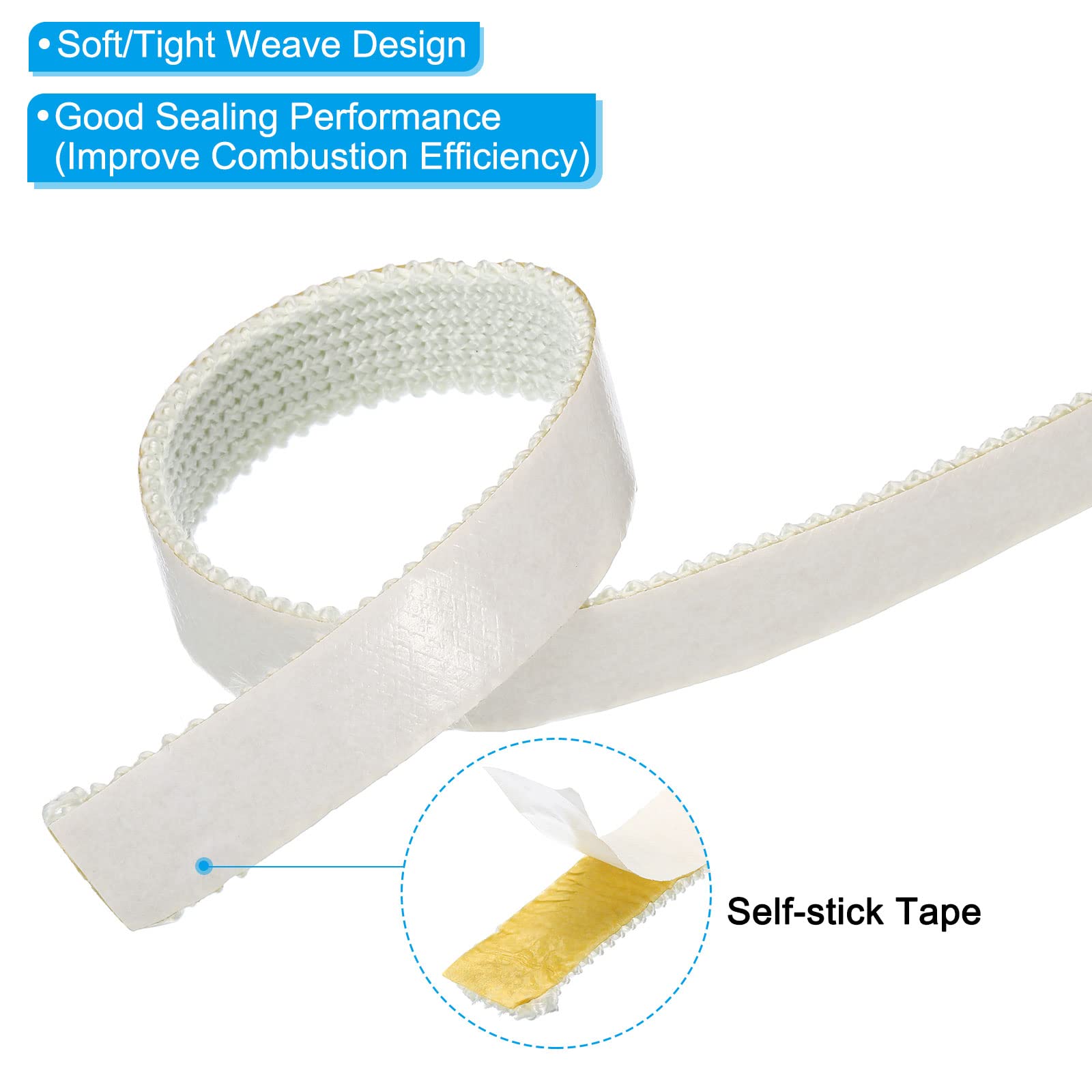 Sello de cuerda de fibra de vidrio, Junta autoadhesiva de estufa leña fibra vidrio for puertas chimenea, tamaños múltiples blancos, 550℃(3/4inx1/8inx73in)