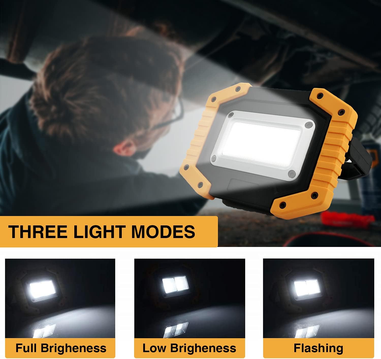 Three images showing the work light in Full Brightness, Low Brightness, and Flashing (SOS) modes